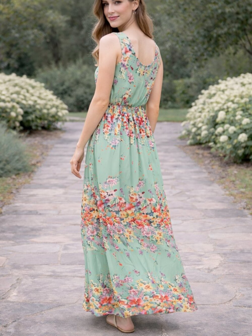 Floral Maxi Dress Sleeveless A Line Cottagecore Romantic Feminine Green - Picture 4 of 5